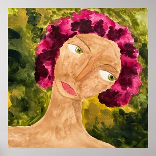 Magenta hair woman watercolor portrait poster