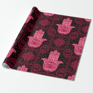 Magenta Hamsa Hand on Black Beautiful Wrapping Paper
