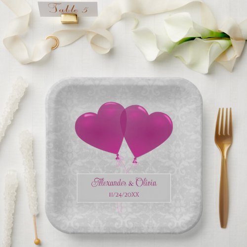 Magenta Heart Balloons Wedding Shower Paper Plates