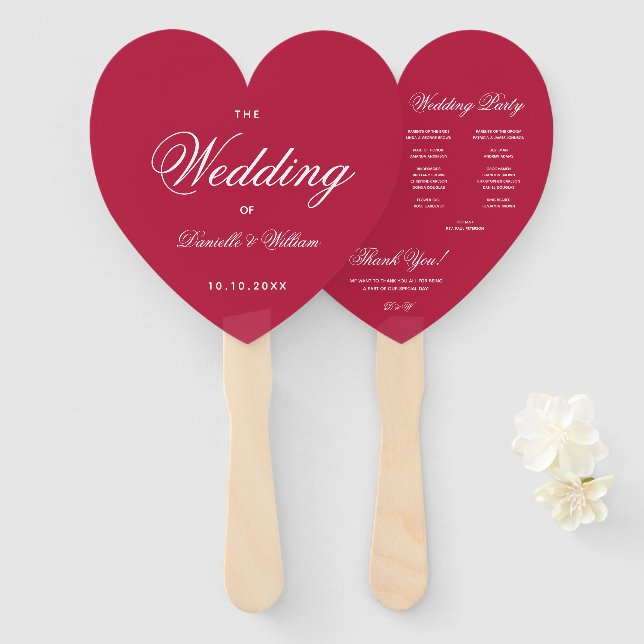 Magenta Heart Elegant Calligraphy Wedding Program Hand Fan (Front and Back)