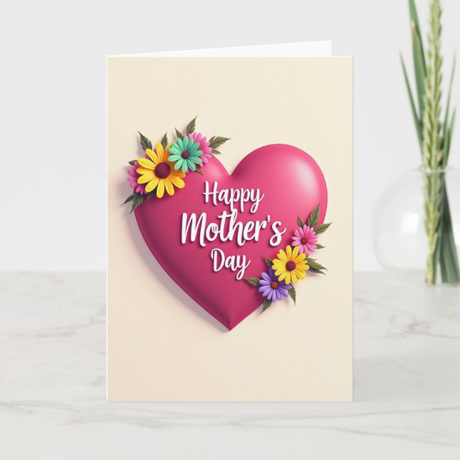 Magenta Heart Floral Mothers Day Card (Front)
