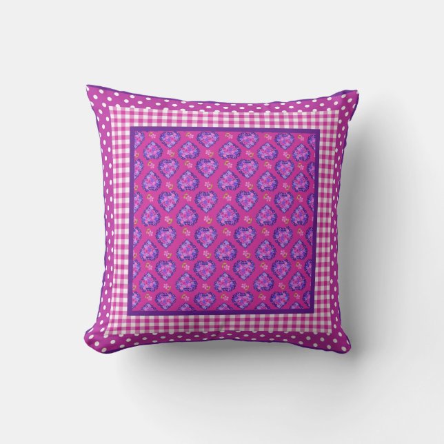 Magenta Hearts and Flowers, Checks and Polka Dots Throw Pillow (Front)