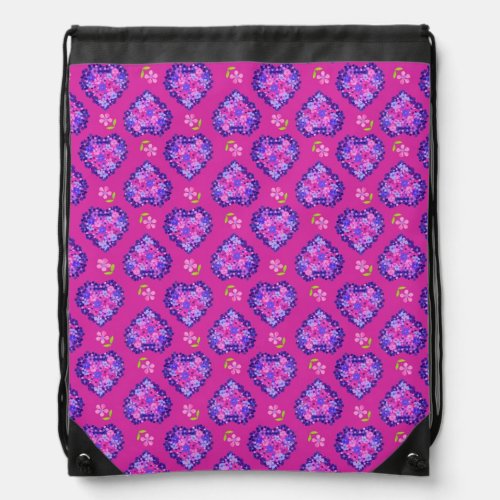 Magenta Hearts and Flowers Drawstring Backpack