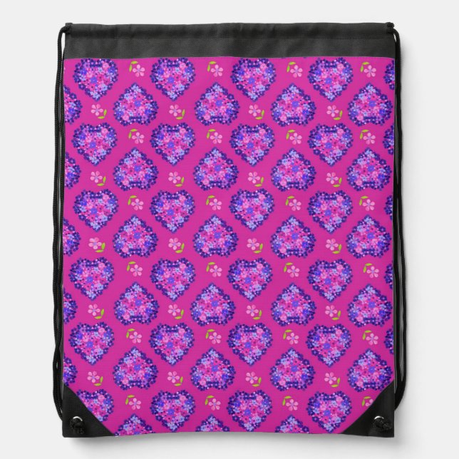 Magenta Hearts and Flowers Drawstring Backpack (Front)