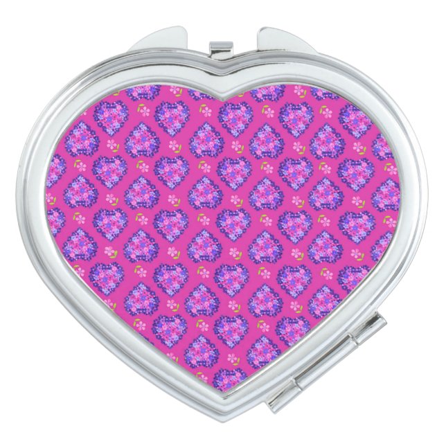 Magenta Hearts Flowers Heart-shaped Compact Mirror (Front)