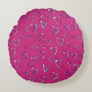 Magenta Hearts Pattern Round Pillow
