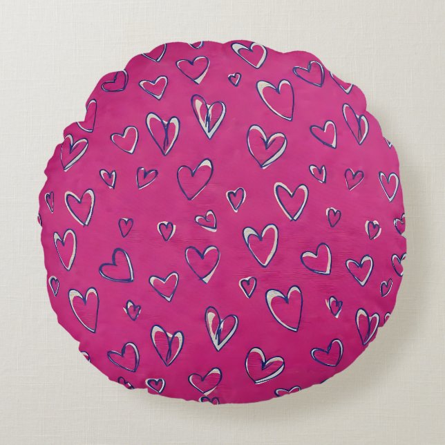 Magenta Hearts Pattern Round Pillow (Front)