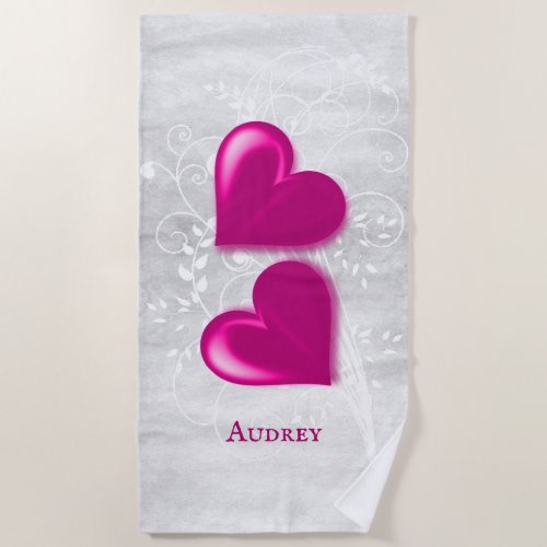 Magenta Hearts Personalized Beach Towel