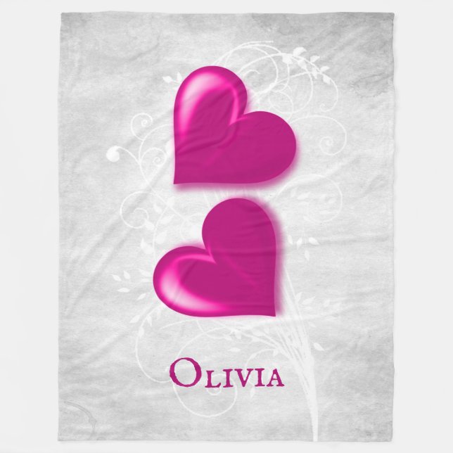 Magenta Hearts Personalized Fleece Blanket (Front)