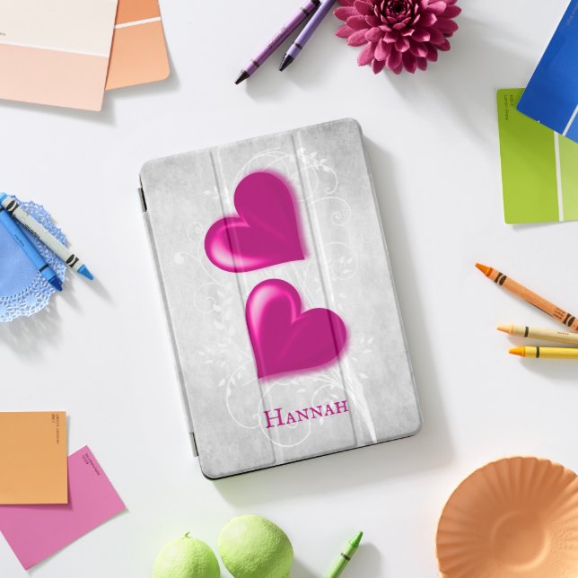 Magenta Hearts Personalized iPad Pro Cover (Desk)