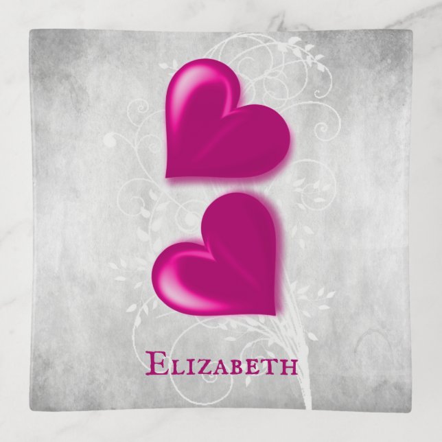 Magenta Hearts Personalized Trinket Tray (Front)