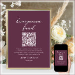 Magenta | Honeymoon Fund QR Code Wedding Sign<br><div class="desc">Magenta Honeymoon Fund QR Code Wedding Sign. Place these signs at your wedding reception tables so guests can scan to add a monetary gift to your honeymoon fund. To generate a new QR code on the design, add the URL of your Cash App, Paypal or Venmo in the area provided,...</div>
