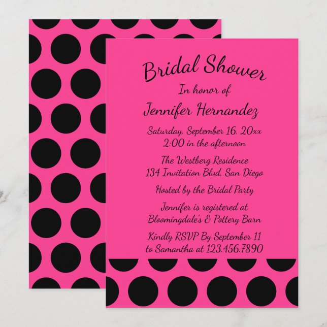 Magenta Hot Pink Bridal Shower Black Polka Dots Invitation (Front/Back)