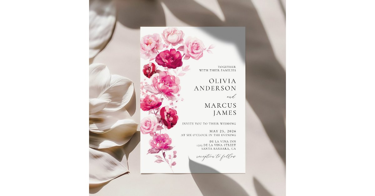 Magenta Hot Pink Floral Elegant Wedding Invitation