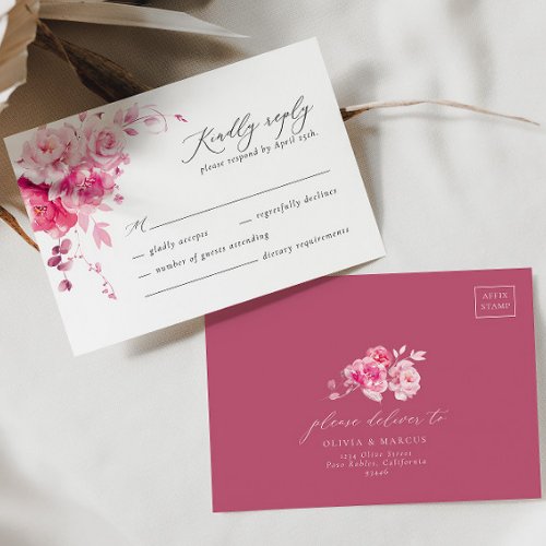 Magenta Hot Pink Floral Elegant Wedding RSVP Card