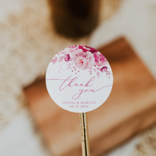 Magenta Hot Pink Floral Wedding Thank You Favor Classic Round Sticker