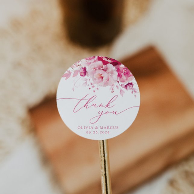 Magenta Hot Pink Floral Wedding Thank You Favor Classic Round Sticker (Creator Uploaded)