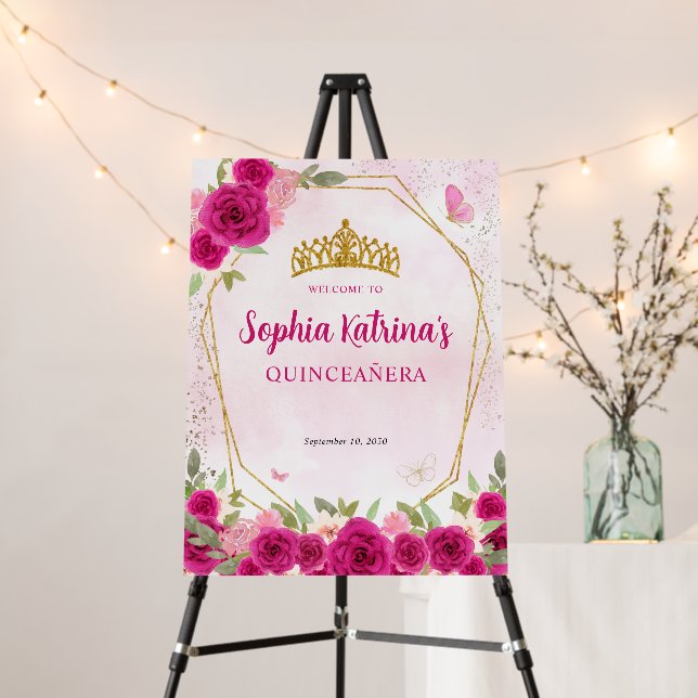 Magenta Hot Pink Gold Floral Princess Quinceañera Foam Board (In Situ (Stand))
