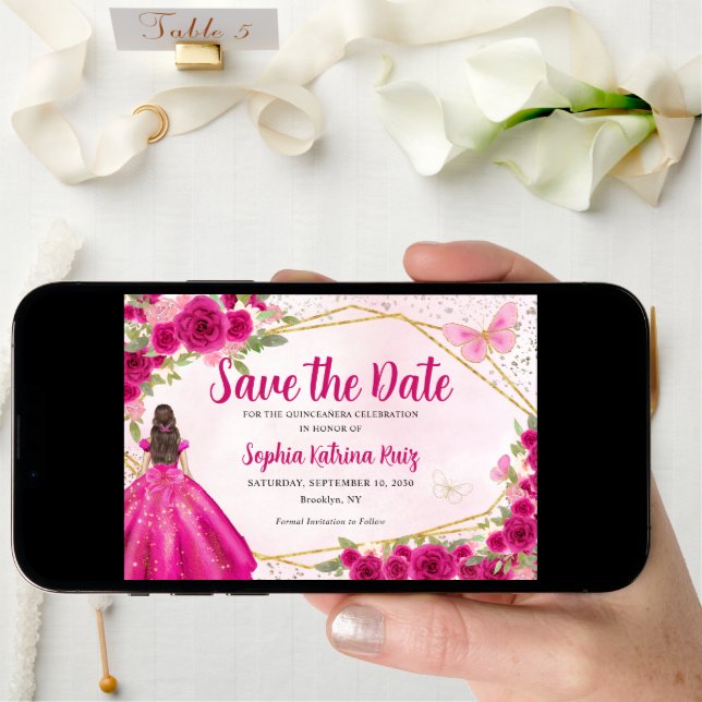 Magenta Hot Pink Gold Floral Princess Quinceañera Save The Date (Front Digital)