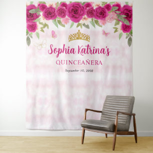 Magenta Hot Pink Gold Floral Princess Quinceañera Tapestry