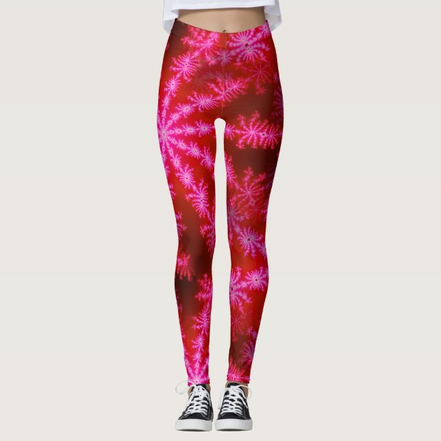 Magenta Hot Pink Psychedelic Mandelbrot Fractal Leggings (Front)