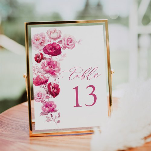Magenta Hot Pink Rose Floral Wedding Table Number