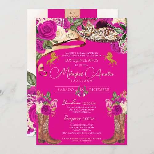 Magenta Hot Pink Roses Fancy Charro Quinceaera Invitation