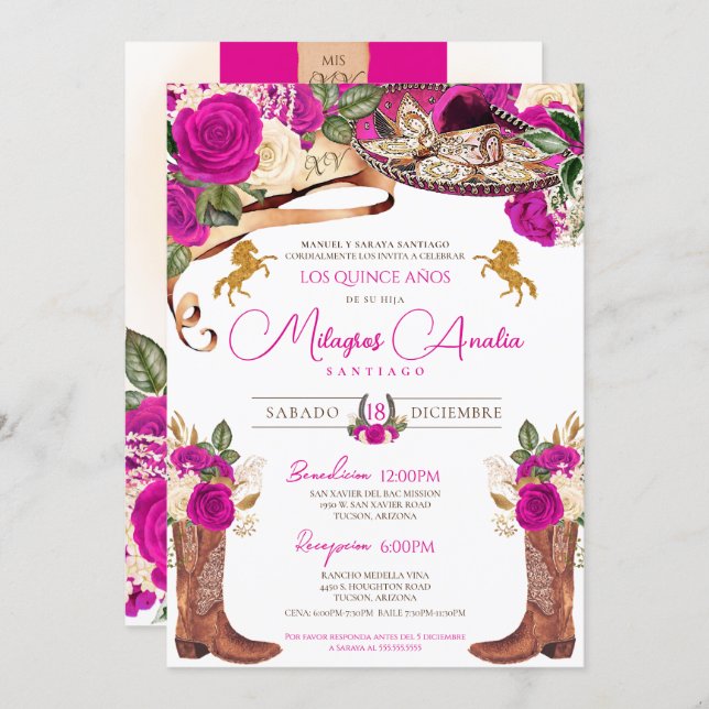 Magenta Hot Pink Roses Fancy Charro Quinceanera Invitation (Front/Back)