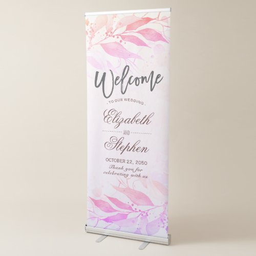 Magenta Hot Pink Watercolor Leaves Flowers Wedding Retractable Banner