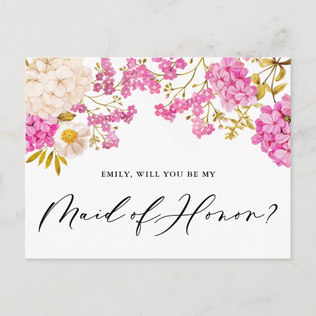Magenta Hydrangeas Maid of Honor Proposal Card (Front)