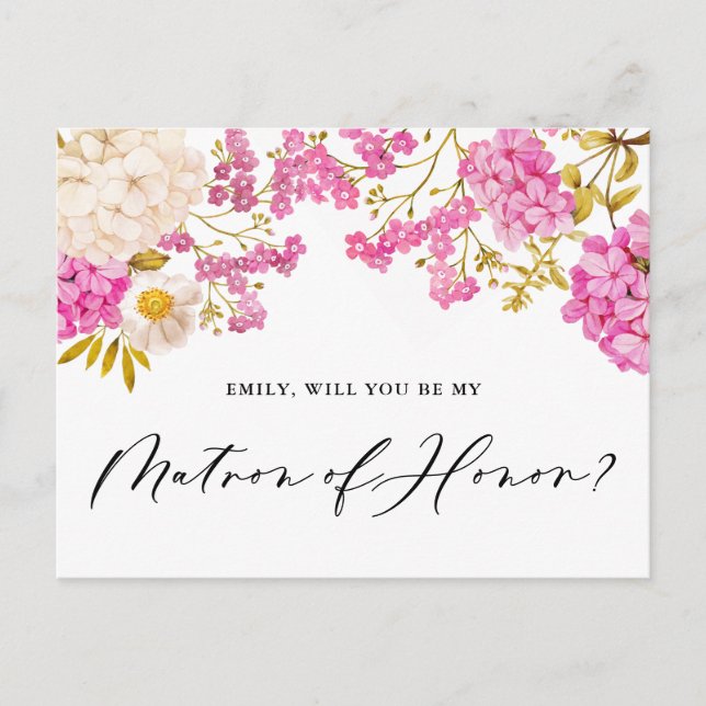 Magenta Hydrangeas Matron of Honor Proposal Card (Front)