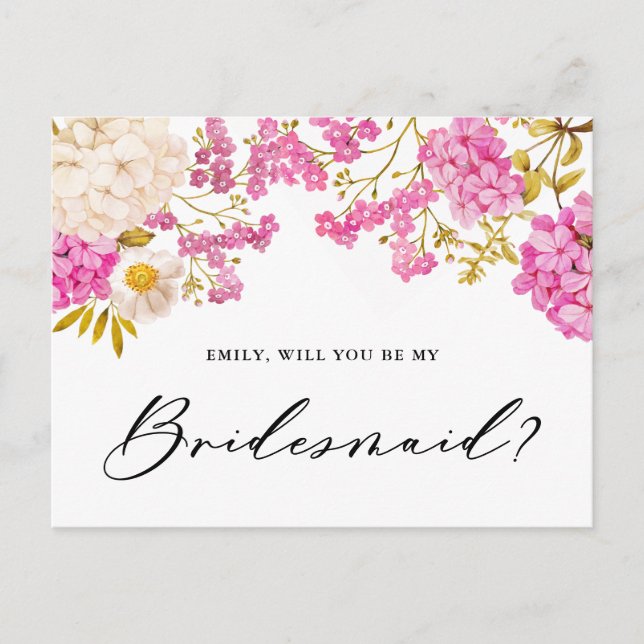 Magenta Hydrangeas Will You Be My Bridesmaid Card (Front)