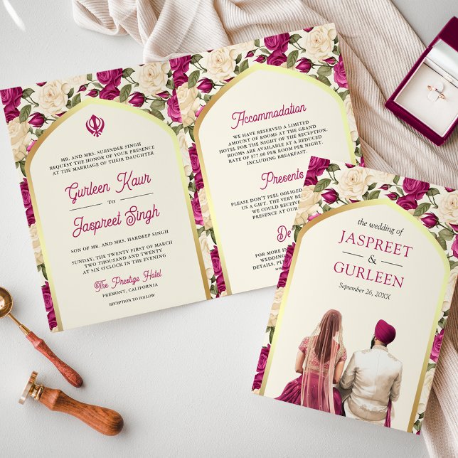 Magenta Ivory Floral All in One Sikh Wedding Invitation (Creator Uploaded)