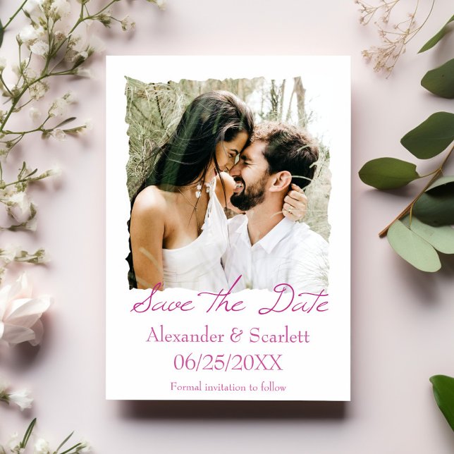 Magenta Jagged Frame Photo Save The Date Announcement (Magenta Jagged Frame Photo Save the Date)