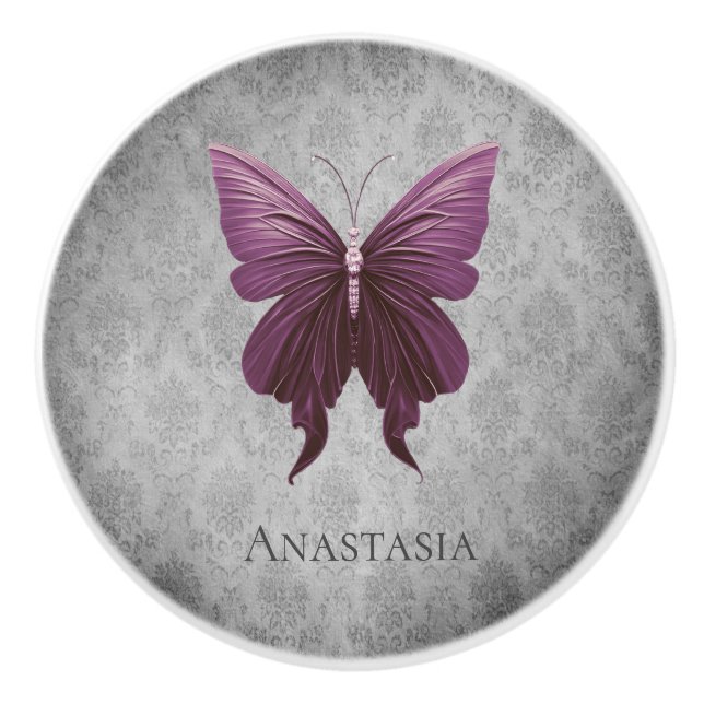 Magenta Jeweled Butterfly Ceramic Knob (Front)