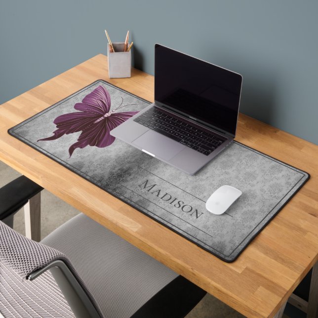 Magenta Jeweled Butterfly Damask Desk Mat (Office 2)