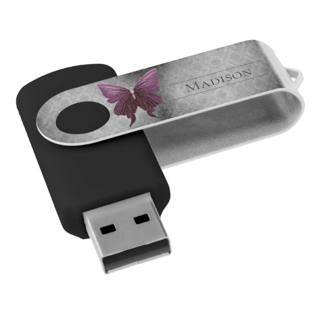 Magenta Jeweled Butterfly Damask Flash Drive (Angled)