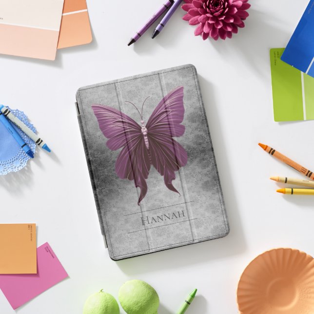 Magenta Jeweled Butterfly Damask iPad Pro Cover (Desk)