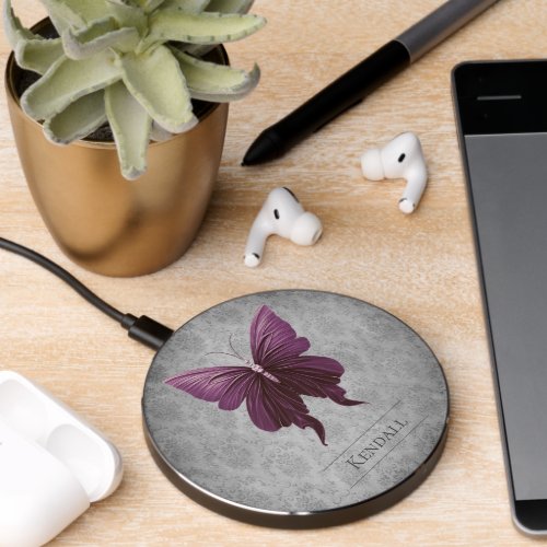 Magenta Jeweled Butterfly Damask Wireless Charger