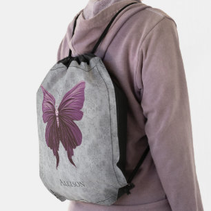 Magenta Jeweled Butterfly Drawstring Bag