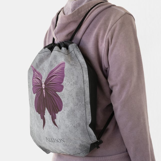 Magenta Jeweled Butterfly Drawstring Bag (Insitu)