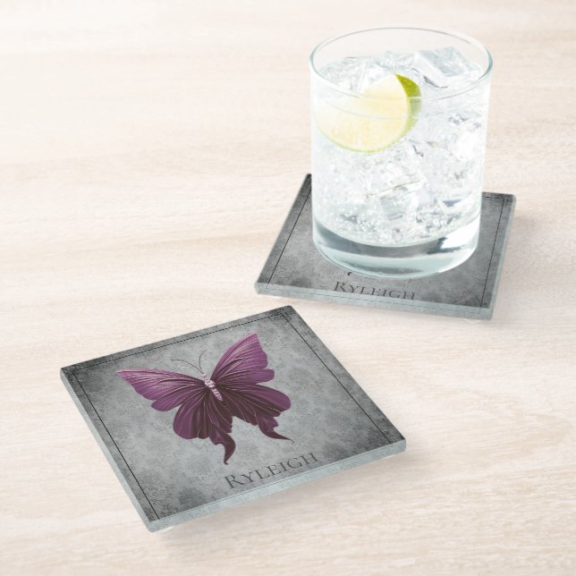 Magenta Jeweled Butterfly Glass Coaster (Angled)
