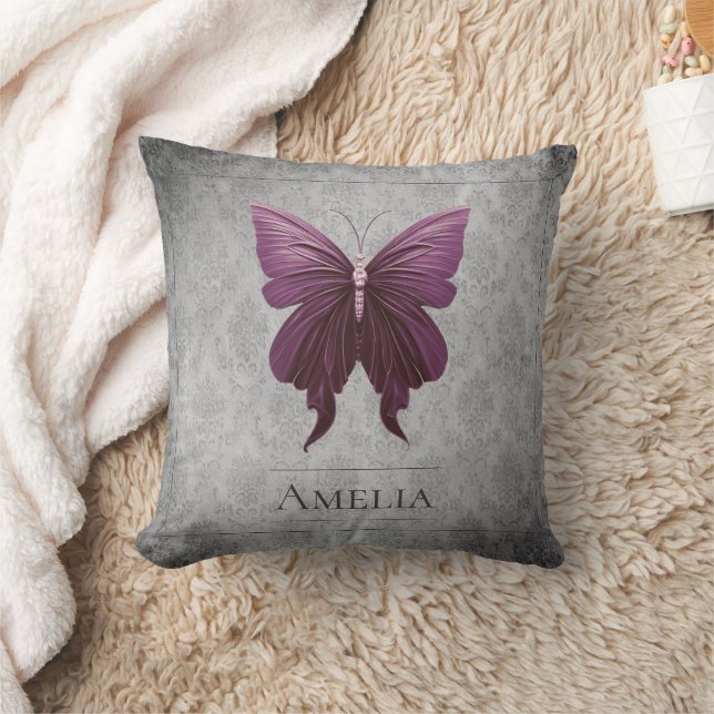 Magenta Jeweled Butterfly Throw Pillow (Blanket)