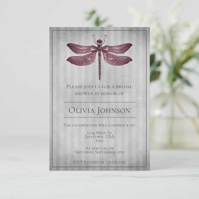 Magenta Jeweled Dragonfly Bridal Shower Invitation (Standing Front)