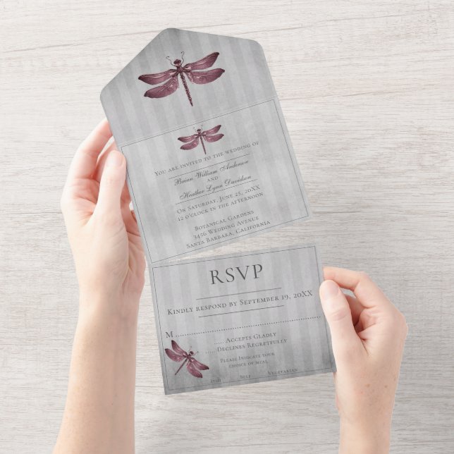 Magenta Jeweled Dragonfly Wedding All In One Invitation (Tearaway)