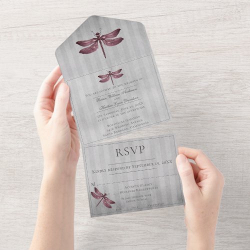 Magenta Jeweled Dragonfly Wedding All In One Invitation