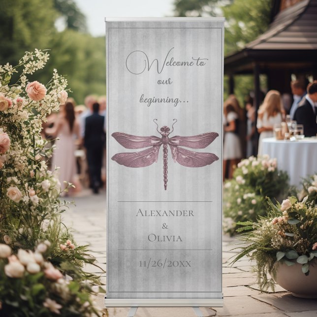 Magenta Jeweled Dragonfly Wedding Retractable Banner (Magenta Jeweled Dragonfly Wedding Welcome Retractable Banner)