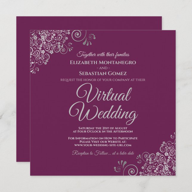 Magenta & Lacy Silver Elegant Virtual Wedding Invitation (Front/Back)