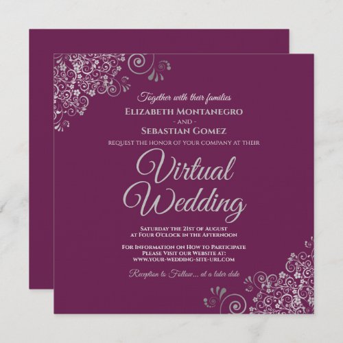 Magenta  Lacy Silver Elegant Virtual Wedding Invitation