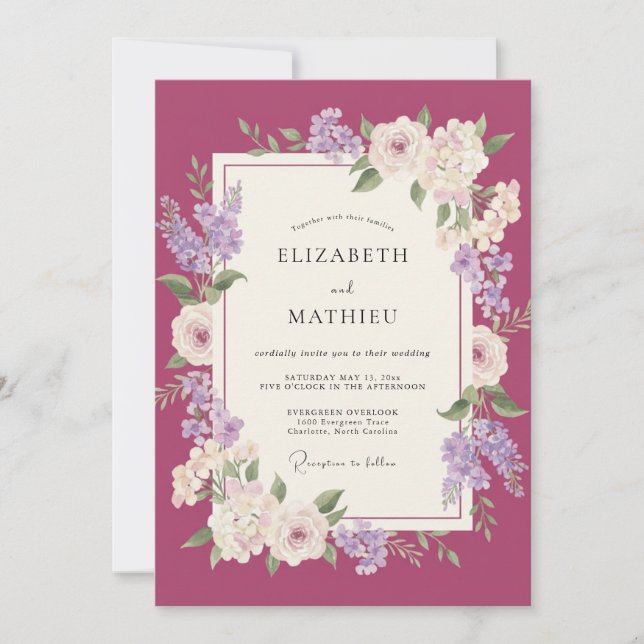 Magenta Lilac Peony Wedding Invitation (Front)